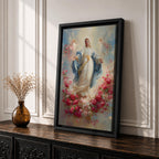 Elegant Virgin Mary wall art featuring Our Lady surrounded by a wreath of blooming pink and white roses, with a radiant floral halo and soft angelic figures floating among pastel clouds. A serene Catholic artwork in romantic colors, perfect for prayer rooms, bedrooms, and faith-inspired home decor.