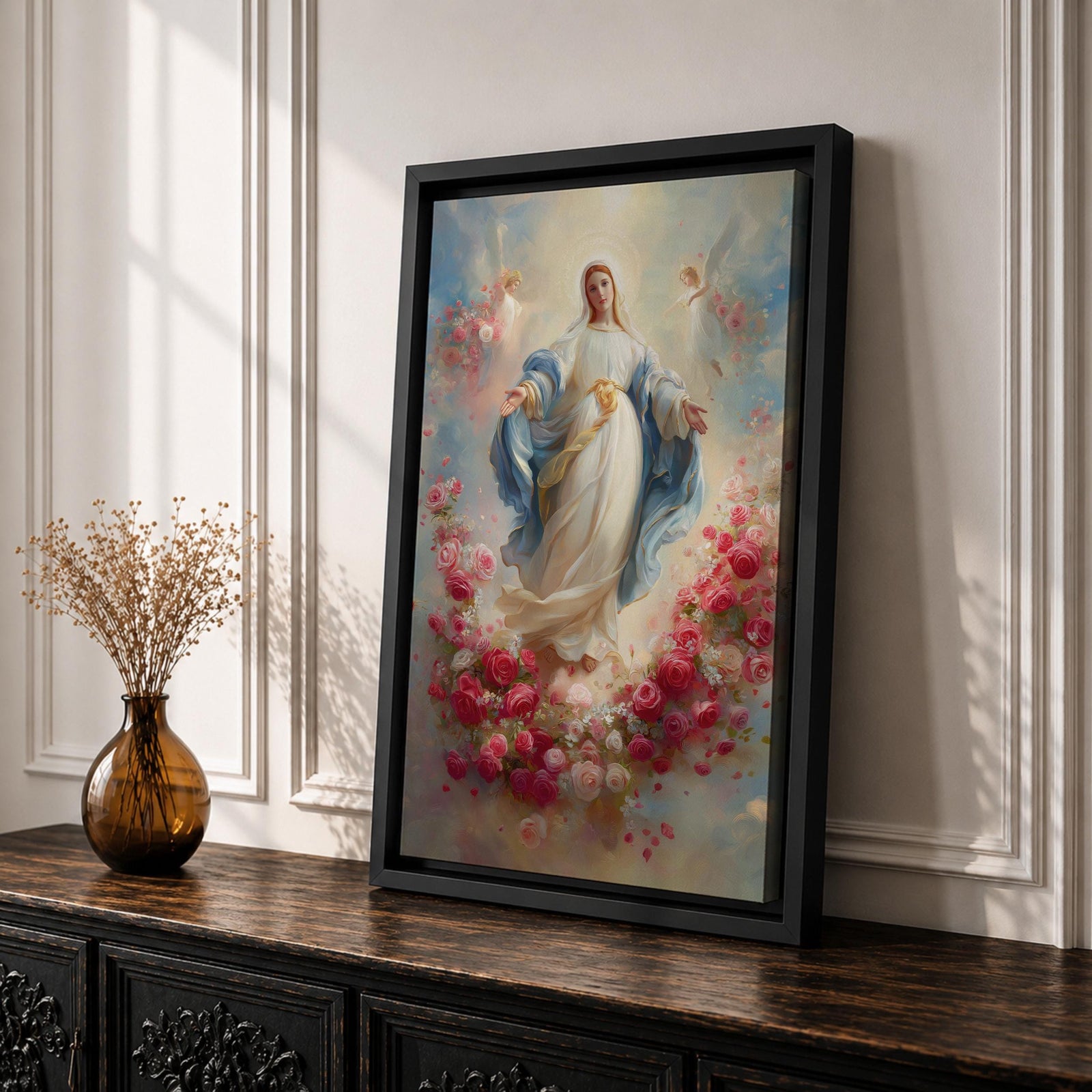 Elegant Virgin Mary wall art featuring Our Lady surrounded by a wreath of blooming pink and white roses, with a radiant floral halo and soft angelic figures floating among pastel clouds. A serene Catholic artwork in romantic colors, perfect for prayer rooms, bedrooms, and faith-inspired home decor.