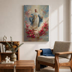 Elegant Virgin Mary wall art featuring Our Lady surrounded by a wreath of blooming pink and white roses, with a radiant floral halo and soft angelic figures floating among pastel clouds. A serene Catholic artwork in romantic colors, perfect for prayer rooms, bedrooms, and faith-inspired home decor.
