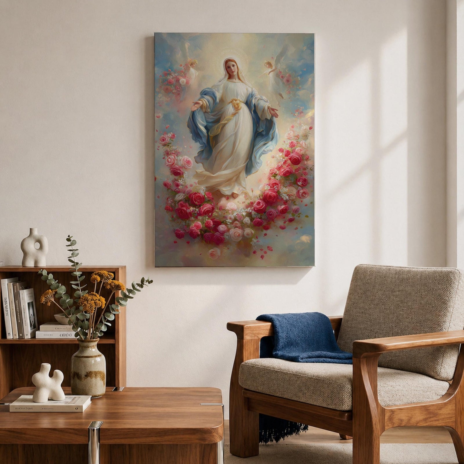 Elegant Virgin Mary wall art featuring Our Lady surrounded by a wreath of blooming pink and white roses, with a radiant floral halo and soft angelic figures floating among pastel clouds. A serene Catholic artwork in romantic colors, perfect for prayer rooms, bedrooms, and faith-inspired home decor.