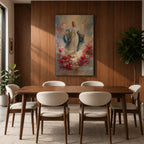 Elegant Virgin Mary wall art featuring Our Lady surrounded by a wreath of blooming pink and white roses, with a radiant floral halo and soft angelic figures floating among pastel clouds. A serene Catholic artwork in romantic colors, perfect for prayer rooms, bedrooms, and faith-inspired home decor.