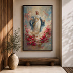 Elegant Virgin Mary wall art featuring Our Lady surrounded by a wreath of blooming pink and white roses, with a radiant floral halo and soft angelic figures floating among pastel clouds. A serene Catholic artwork in romantic colors, perfect for prayer rooms, bedrooms, and faith-inspired home decor.