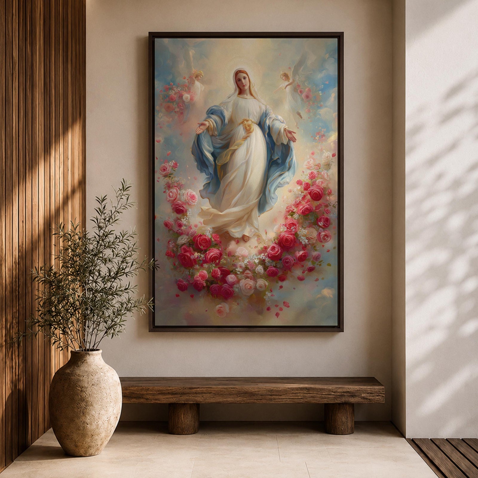 Elegant Virgin Mary wall art featuring Our Lady surrounded by a wreath of blooming pink and white roses, with a radiant floral halo and soft angelic figures floating among pastel clouds. A serene Catholic artwork in romantic colors, perfect for prayer rooms, bedrooms, and faith-inspired home decor.