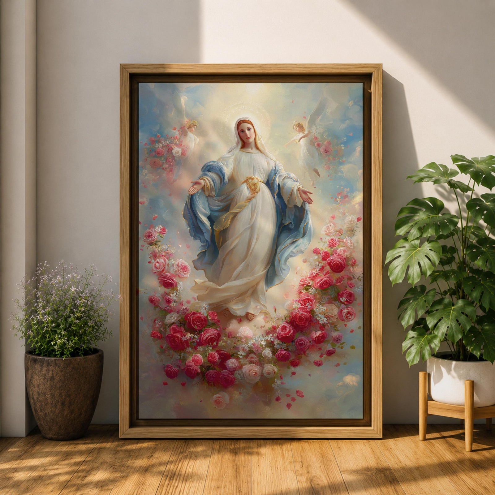 Elegant Virgin Mary wall art featuring Our Lady surrounded by a wreath of blooming pink and white roses, with a radiant floral halo and soft angelic figures floating among pastel clouds. A serene Catholic artwork in romantic colors, perfect for prayer rooms, bedrooms, and faith-inspired home decor.