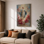 Elegant Virgin Mary wall art featuring Our Lady surrounded by a wreath of blooming pink and white roses, with a radiant floral halo and soft angelic figures floating among pastel clouds. A serene Catholic artwork in romantic colors, perfect for prayer rooms, bedrooms, and faith-inspired home decor.