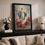Elegant Virgin Mary wall art featuring Our Lady surrounded by a wreath of blooming pink and white roses, with a radiant floral halo and soft angelic figures floating among pastel clouds. A serene Catholic artwork in romantic colors, perfect for prayer rooms, bedrooms, and faith-inspired home decor.