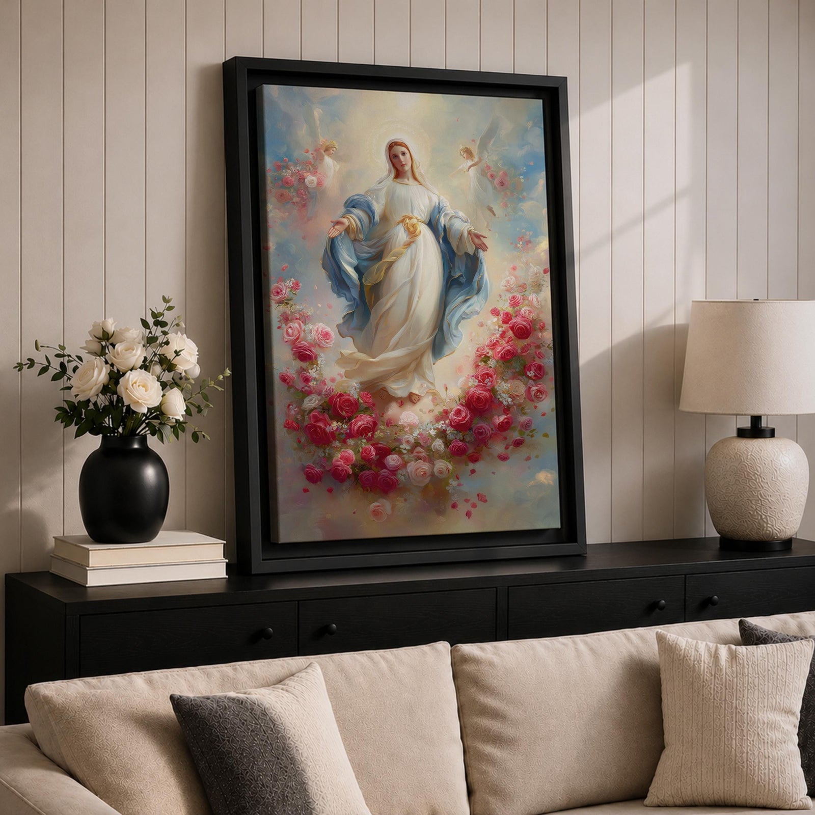 Elegant Virgin Mary wall art featuring Our Lady surrounded by a wreath of blooming pink and white roses, with a radiant floral halo and soft angelic figures floating among pastel clouds. A serene Catholic artwork in romantic colors, perfect for prayer rooms, bedrooms, and faith-inspired home decor.