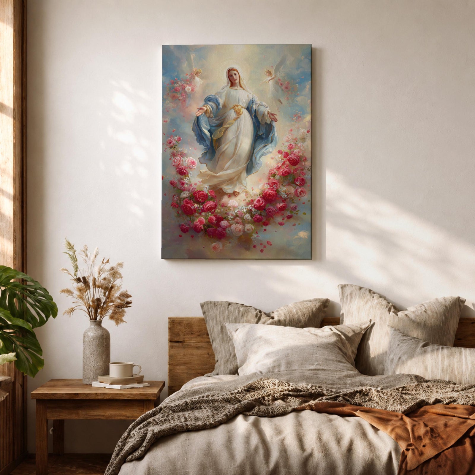 Elegant Virgin Mary wall art featuring Our Lady surrounded by a wreath of blooming pink and white roses, with a radiant floral halo and soft angelic figures floating among pastel clouds. A serene Catholic artwork in romantic colors, perfect for prayer rooms, bedrooms, and faith-inspired home decor.