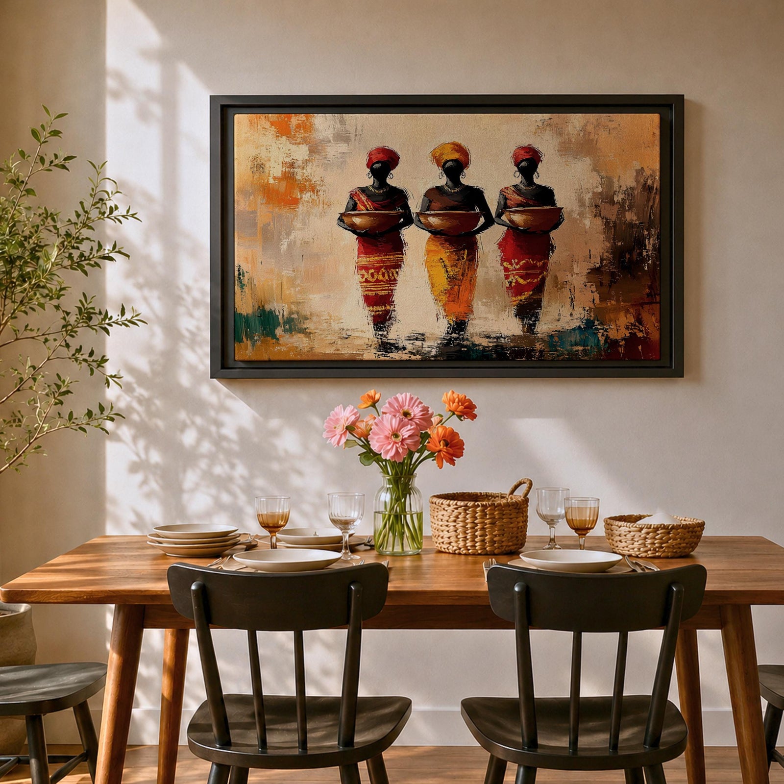 African Women Wall Art Tribal Sisters Framed Canvas Afrocentric Abstract Cultural Ethnic Decor