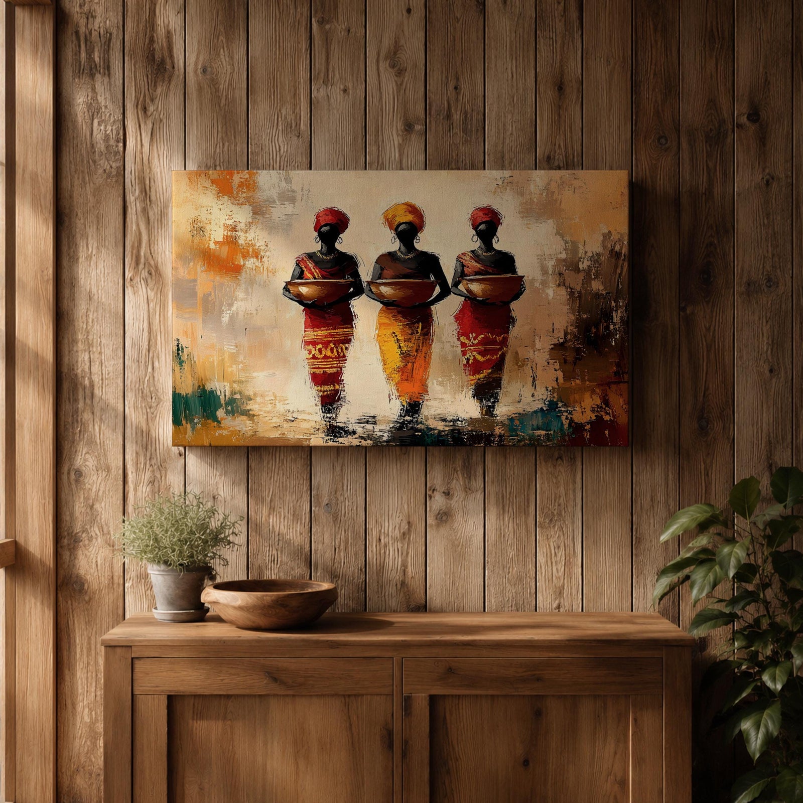 African Women Wall Art Tribal Sisters Framed Canvas Afrocentric Abstract Cultural Ethnic Decor