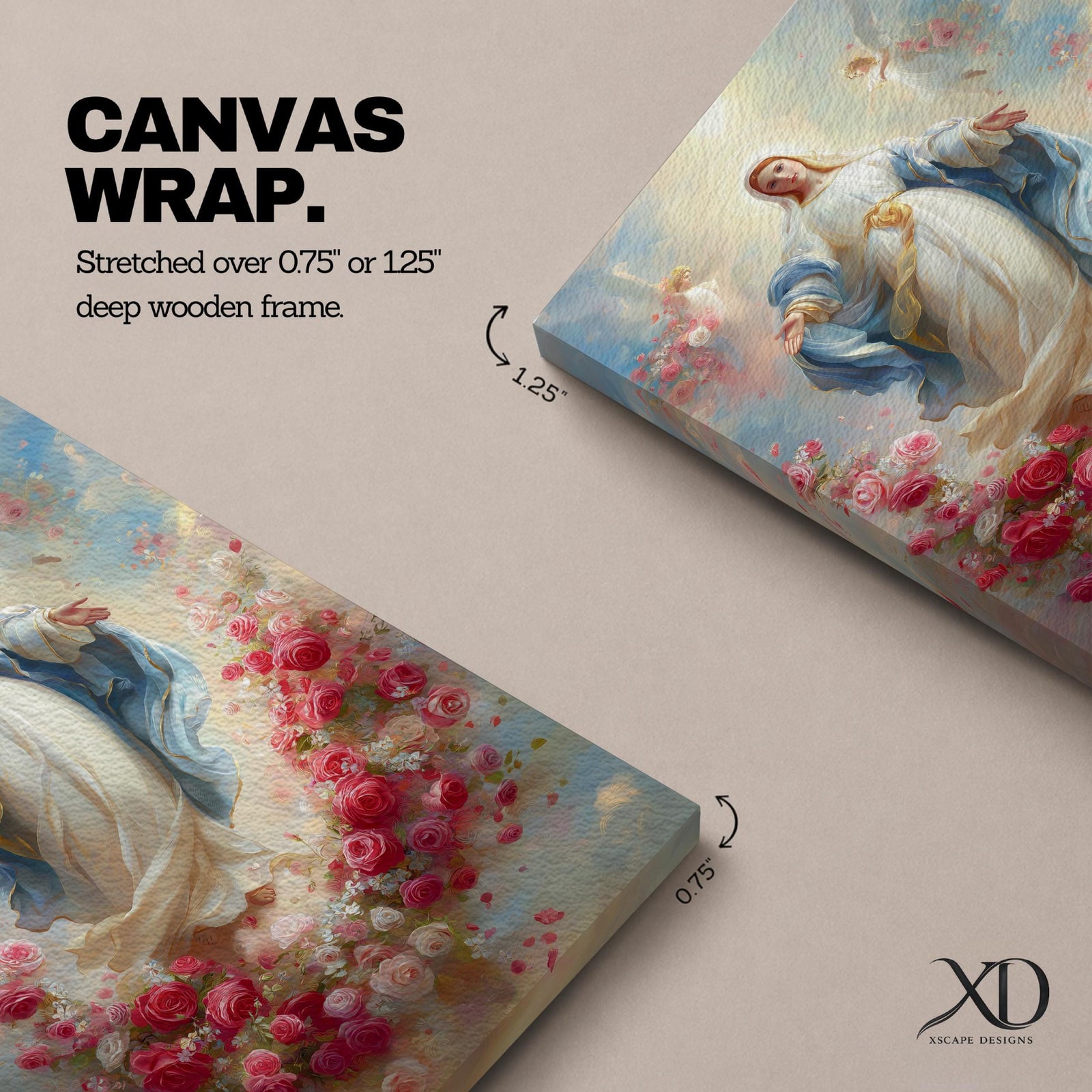 Elegant Virgin Mary wall art featuring Our Lady surrounded by a wreath of blooming pink and white roses, with a radiant floral halo and soft angelic figures floating among pastel clouds. A serene Catholic artwork in romantic colors, perfect for prayer rooms, bedrooms, and faith-inspired home decor.