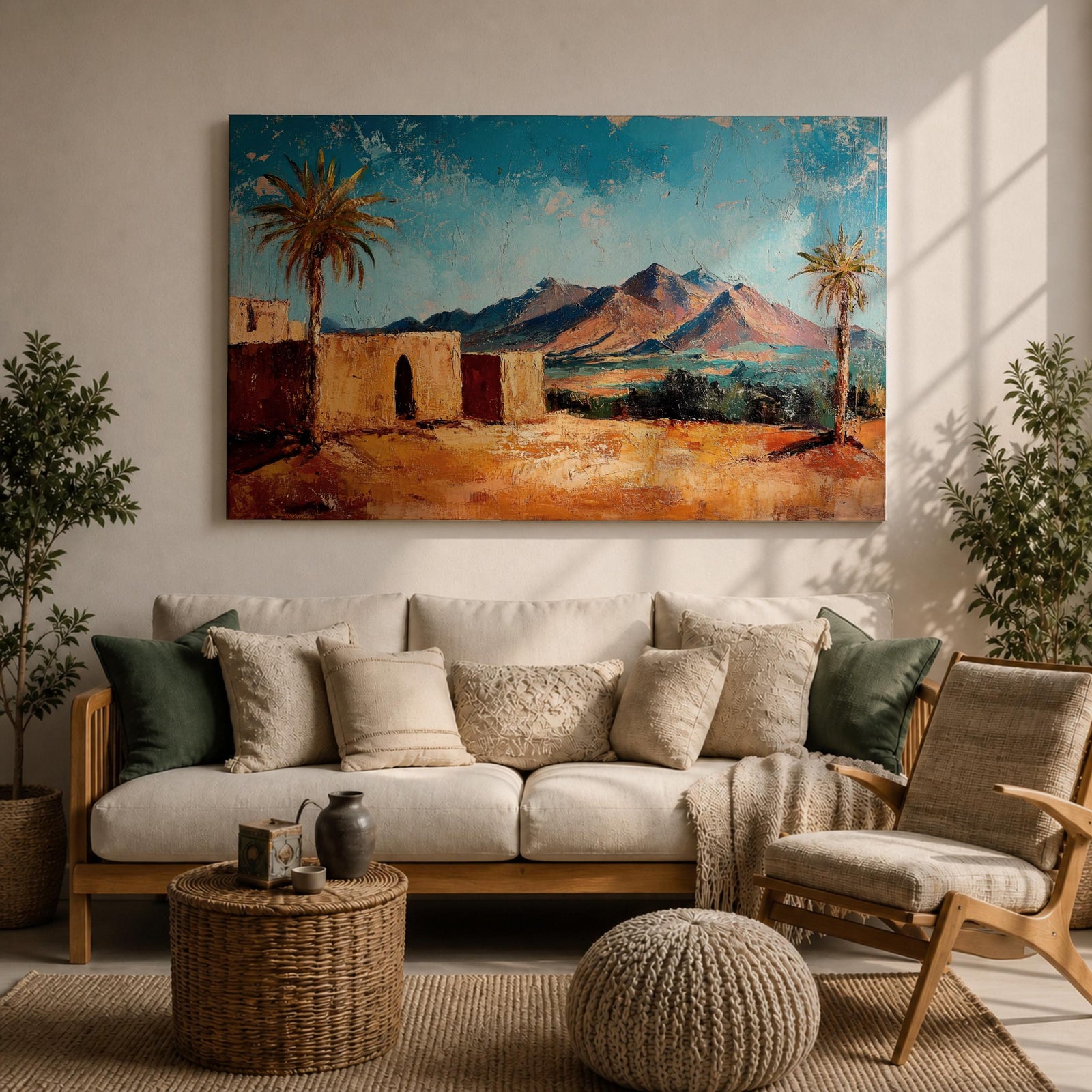 Desert Palm Tree Wall Art Oasis Landscape Framed Canvas Mediterranean Boho Mountain Decor