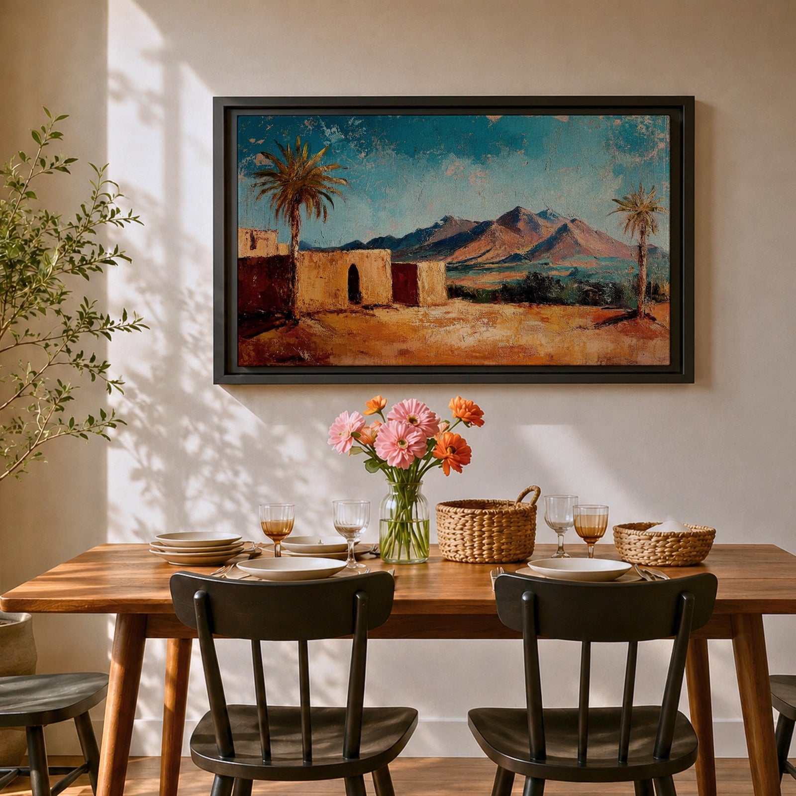 Desert Palm Tree Wall Art Oasis Landscape Framed Canvas Mediterranean Boho Mountain Decor