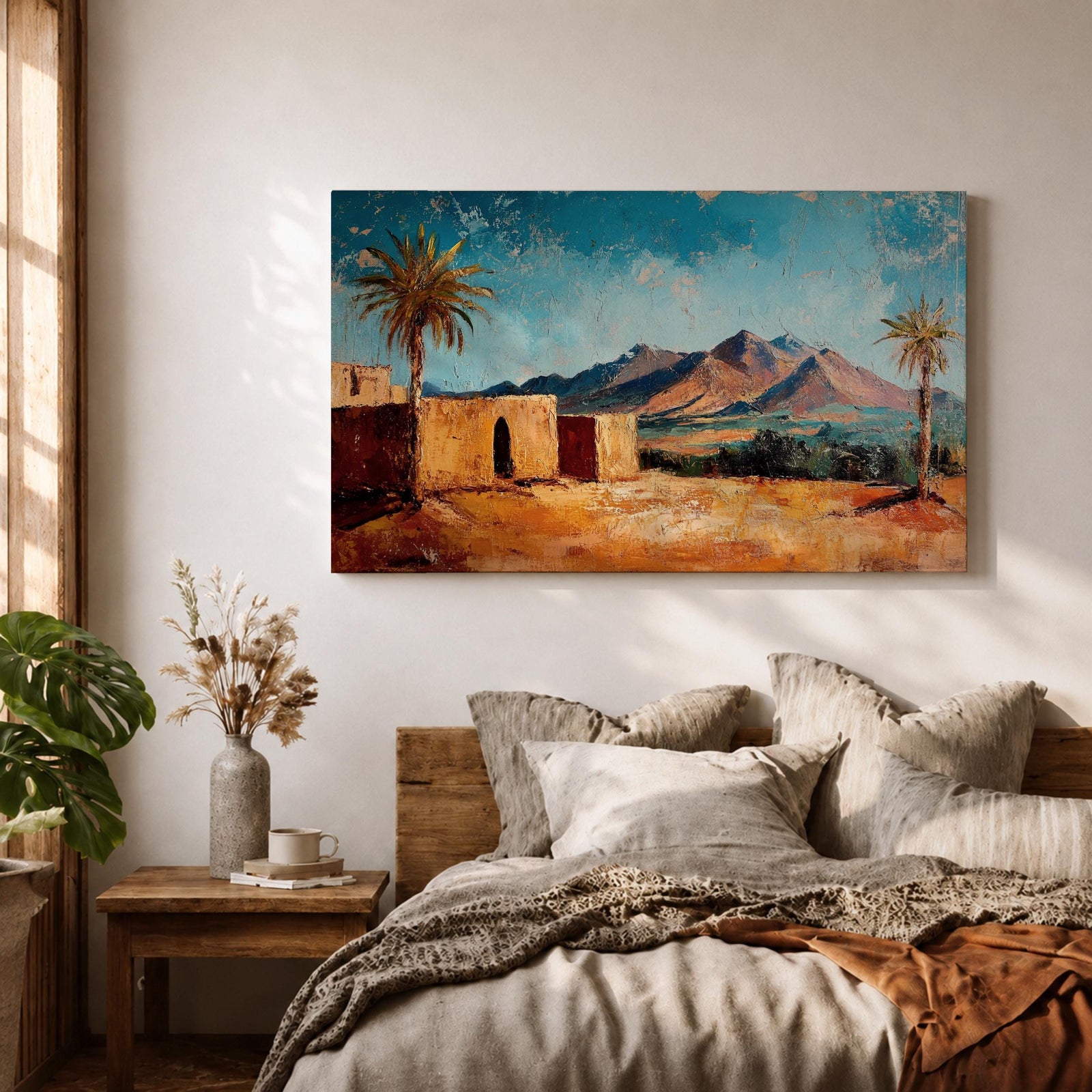 Desert Palm Tree Wall Art Oasis Landscape Framed Canvas Mediterranean Boho Mountain Decor
