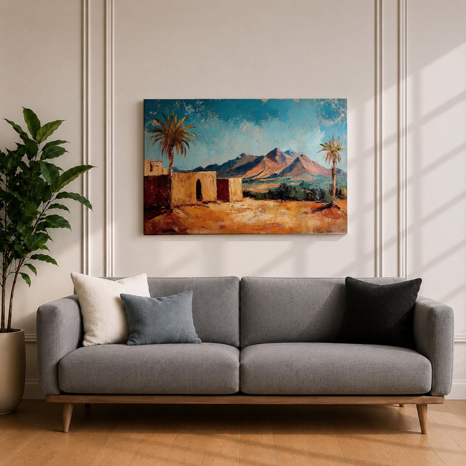 Desert Palm Tree Wall Art Oasis Landscape Framed Canvas Mediterranean Boho Mountain Decor