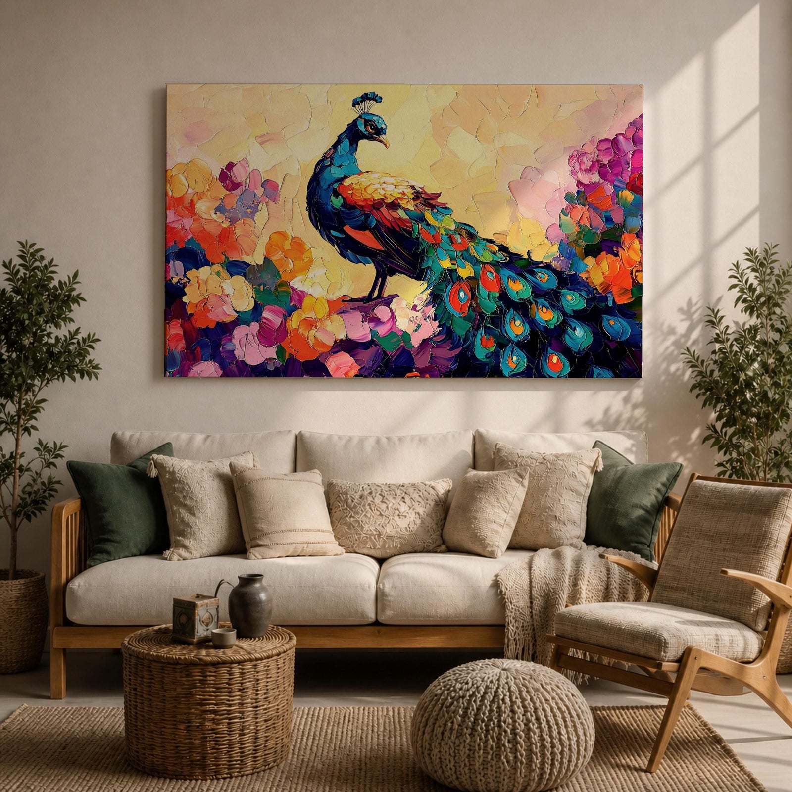 Peacock Wall Art Royal Feathers Framed Canvas Tropical Boho Animal Floral Nature Decor