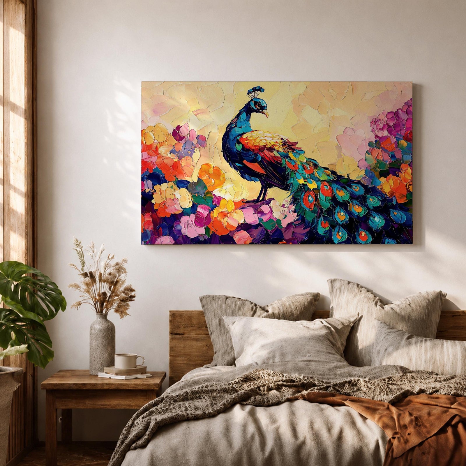 Peacock Wall Art Royal Feathers Framed Canvas Tropical Boho Animal Floral Nature Decor