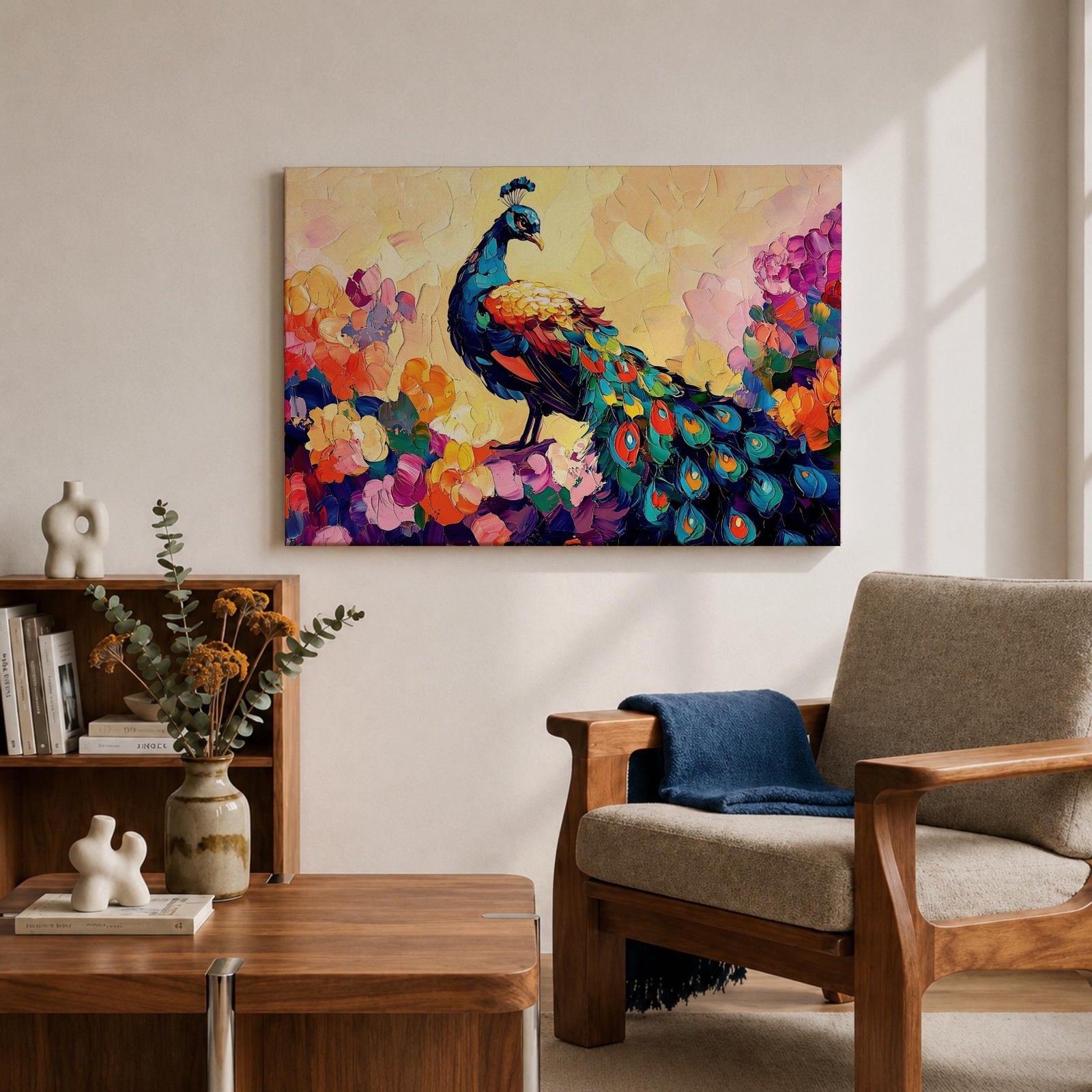 Peacock Wall Art Royal Feathers Framed Canvas Tropical Boho Animal Floral Nature Decor