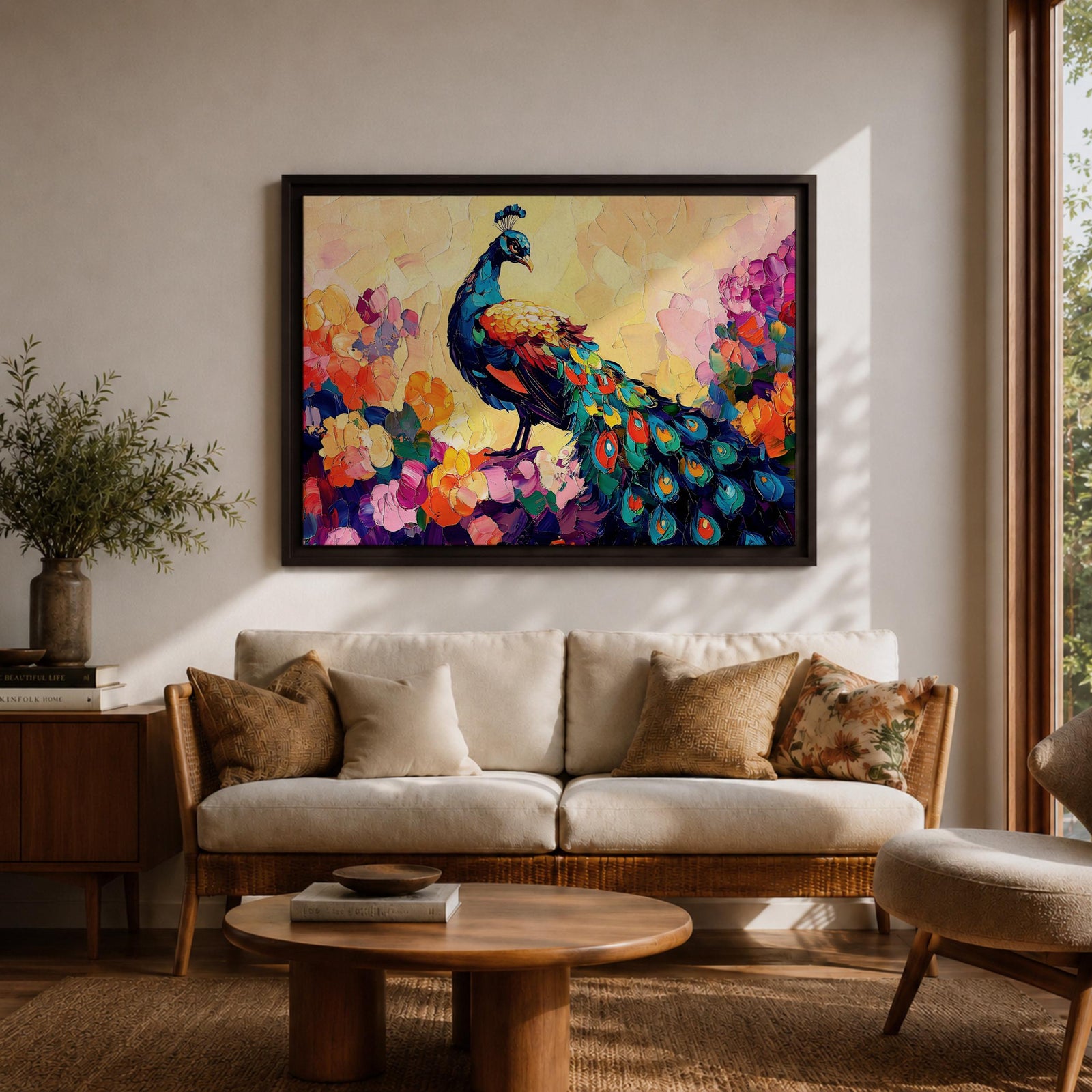 Peacock Wall Art Royal Feathers Framed Canvas Tropical Boho Animal Floral Nature Decor