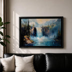 Waterfall Wall Art Cascade Framed Canvas Forest Landscape Impasto Rustic Lodge Home Decor