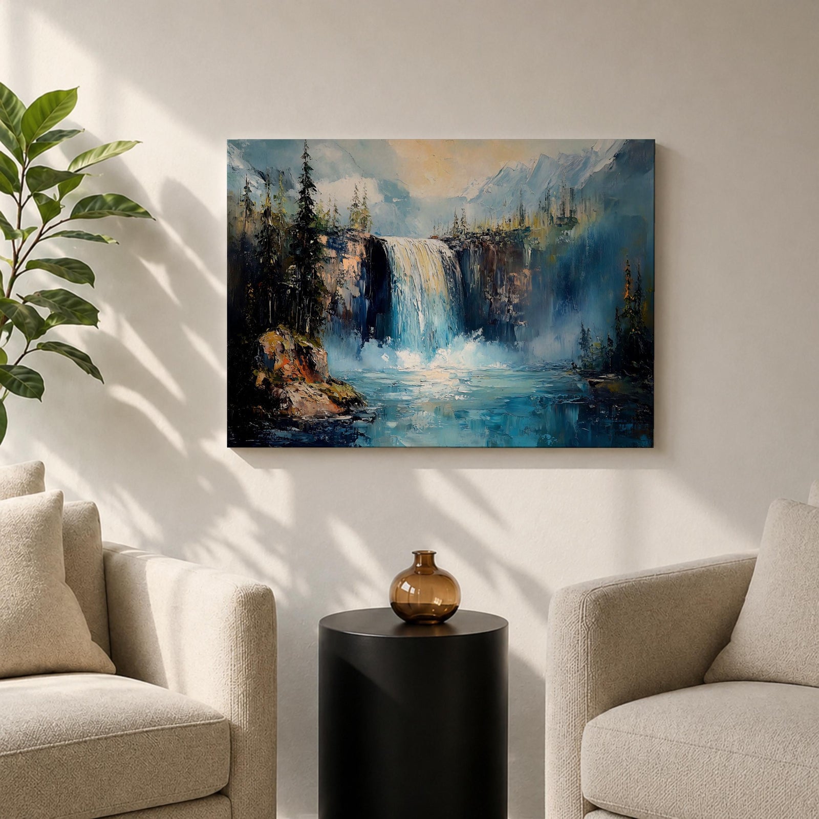 Waterfall Wall Art Cascade Framed Canvas Forest Landscape Impasto Rustic Lodge Home Decor