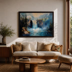 Waterfall Wall Art Cascade Framed Canvas Forest Landscape Impasto Rustic Lodge Home Decor