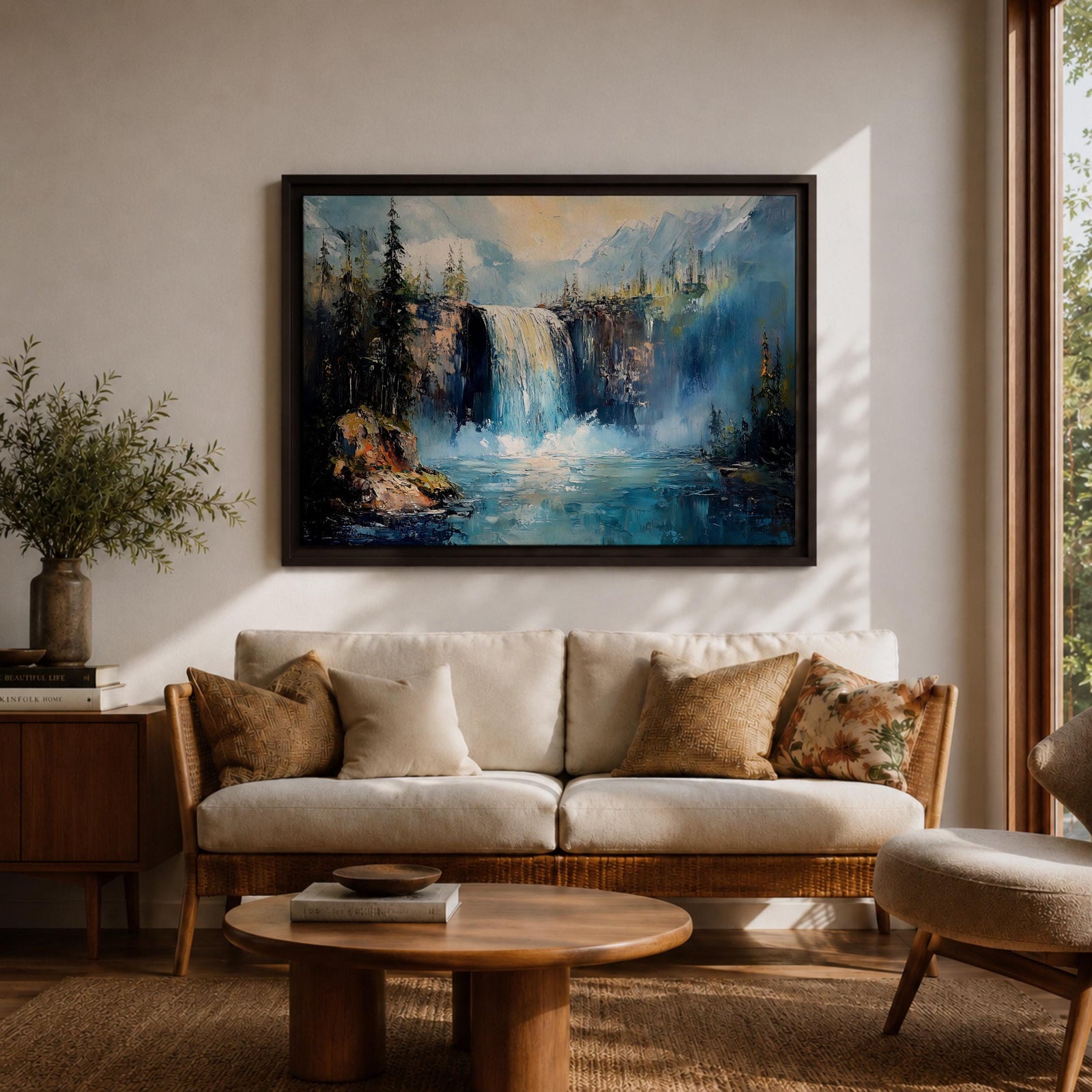 Waterfall Wall Art Cascade Framed Canvas Forest Landscape Impasto Rustic Lodge Home Decor