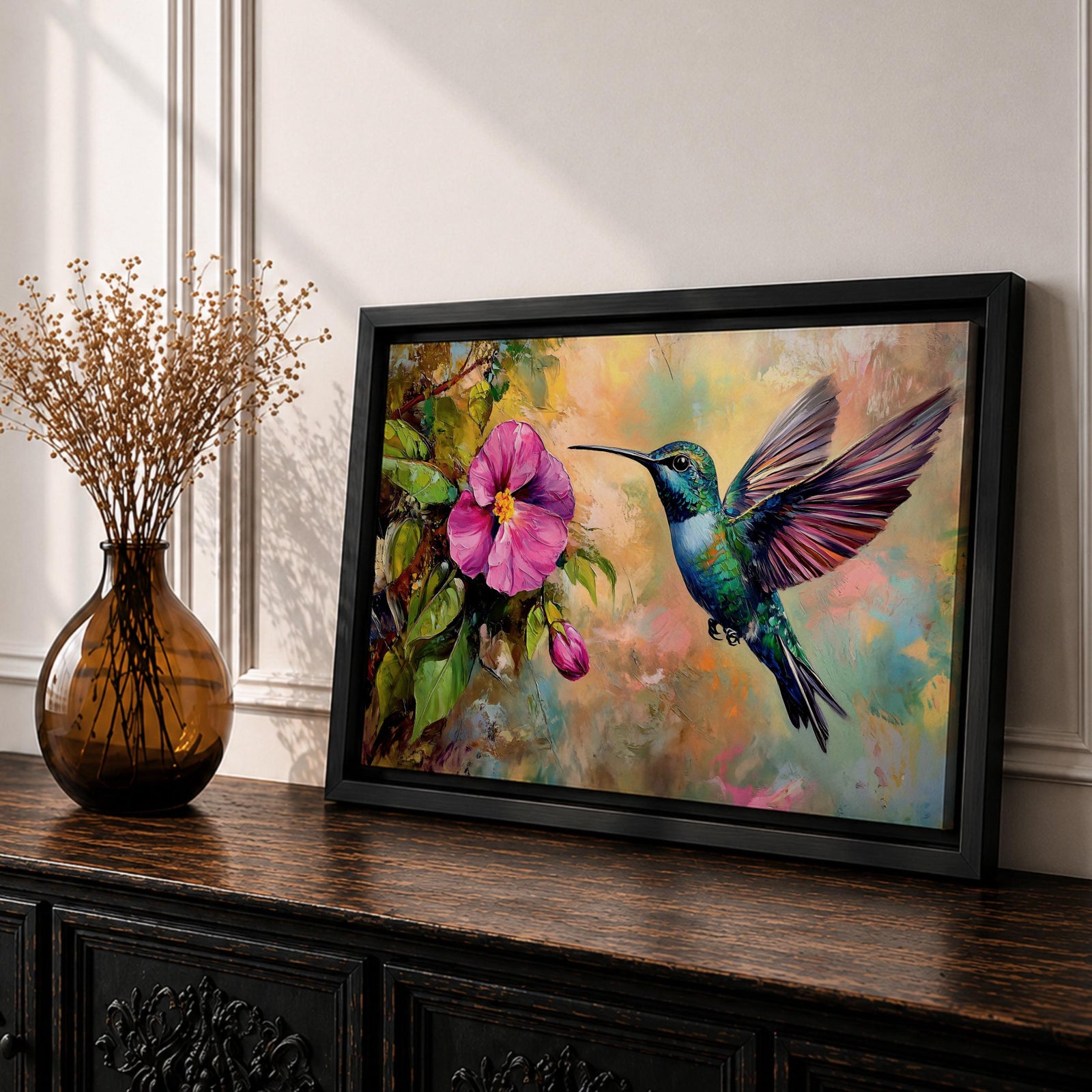 Hummingbird Wall Art Colibri Framed Canvas Botanical Wildlife Tropical Impasto Home Decor