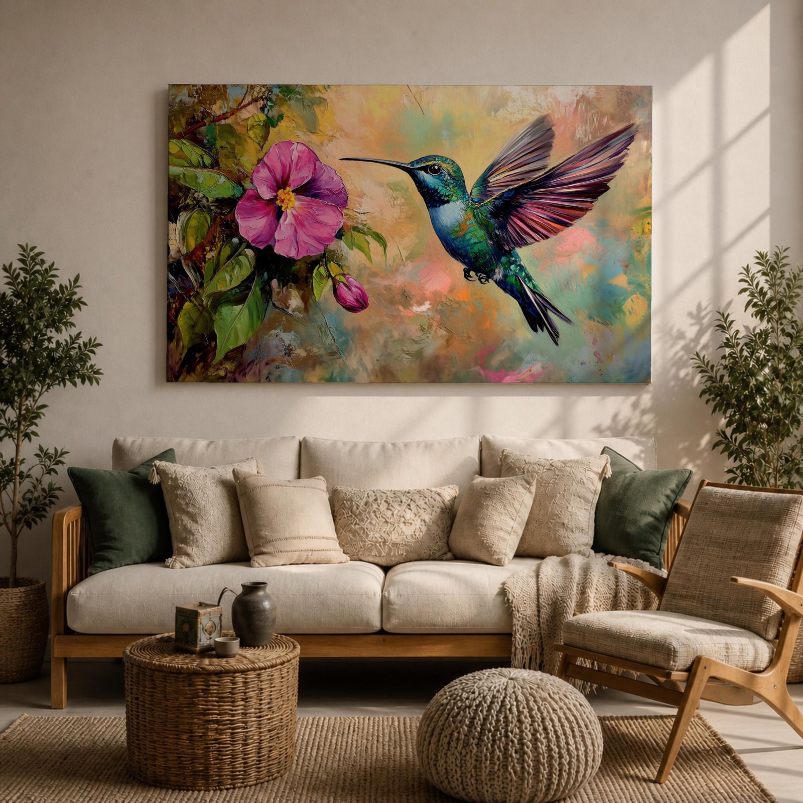 Hummingbird Wall Art Colibri Framed Canvas Botanical Wildlife Tropical Impasto Home Decor
