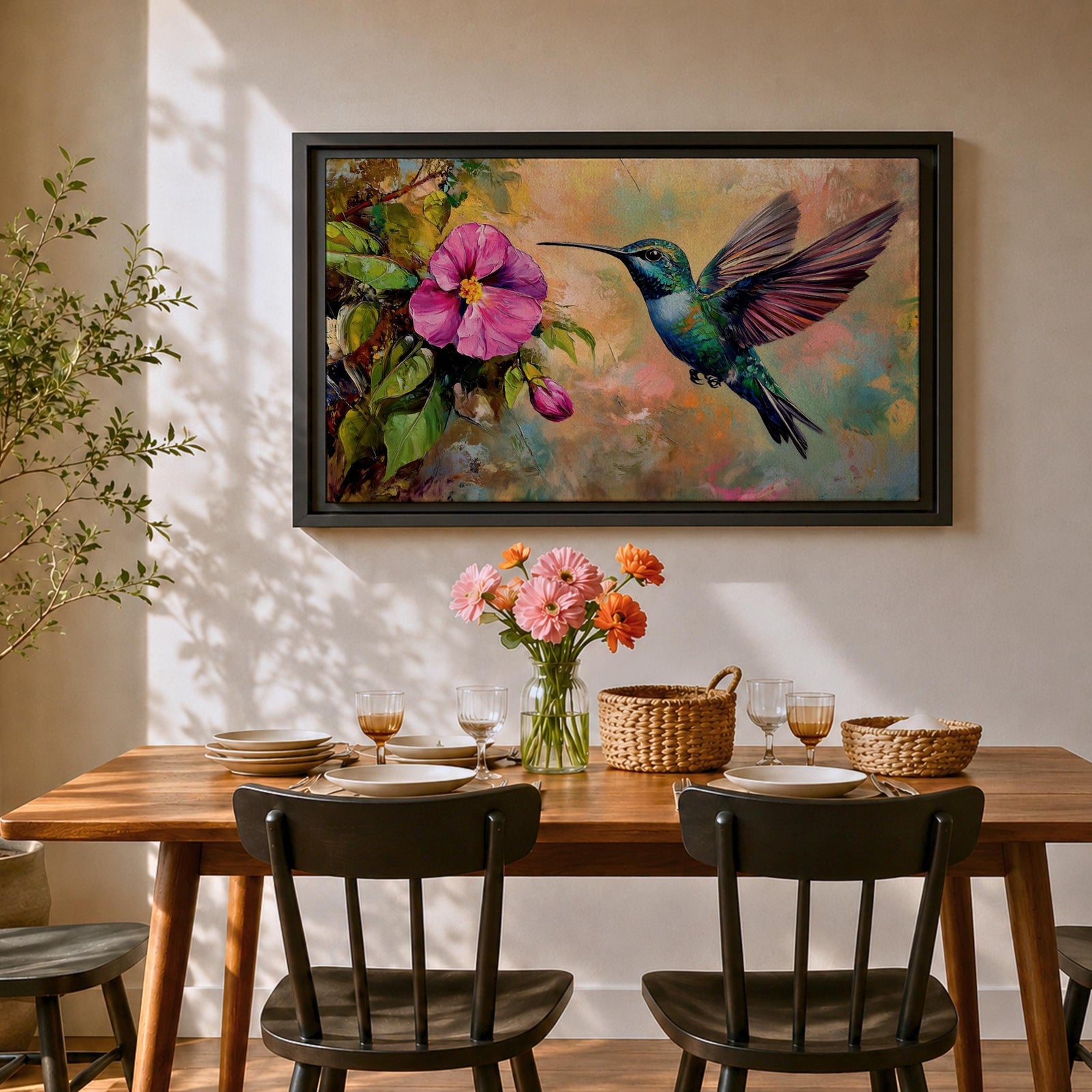 Hummingbird Wall Art Colibri Framed Canvas Botanical Wildlife Tropical Impasto Home Decor