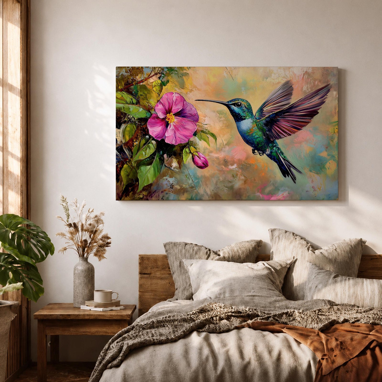 Hummingbird Wall Art Colibri Framed Canvas Botanical Wildlife Tropical Impasto Home Decor
