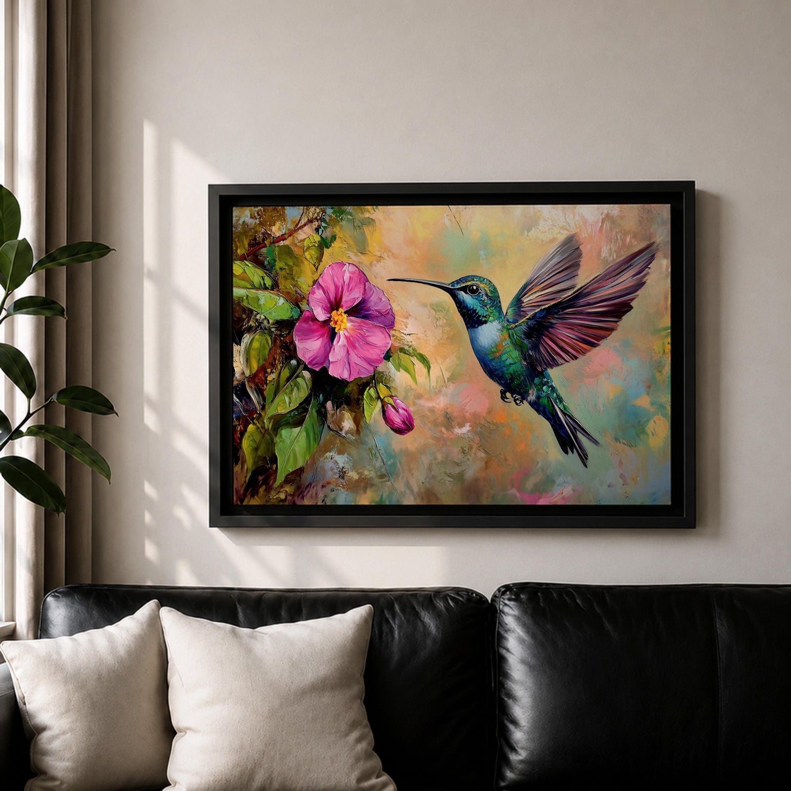 Hummingbird Wall Art Colibri Framed Canvas Botanical Wildlife Tropical Impasto Home Decor