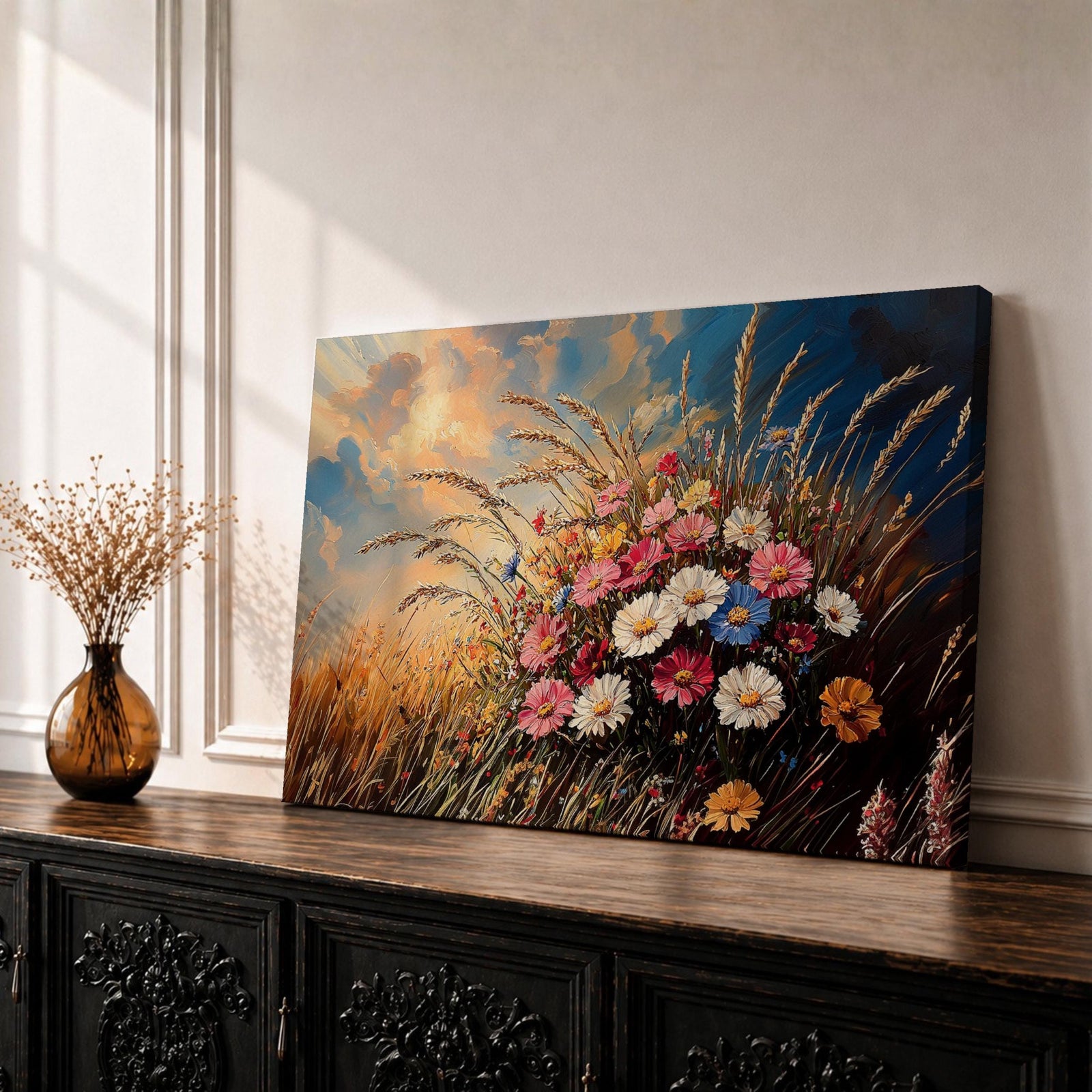 Wildflower Wall Art Meadow Flowers Framed Canvas Botanical Rustic Impasto Floral Living Room Decor