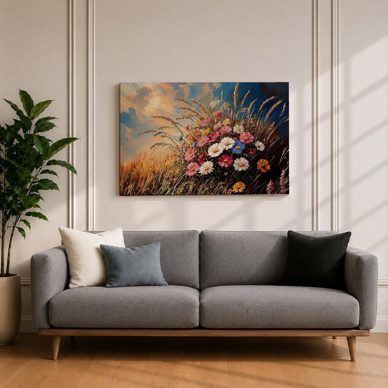 Wildflower Wall Art Meadow Flowers Framed Canvas Botanical Rustic Impasto Floral Living Room Decor