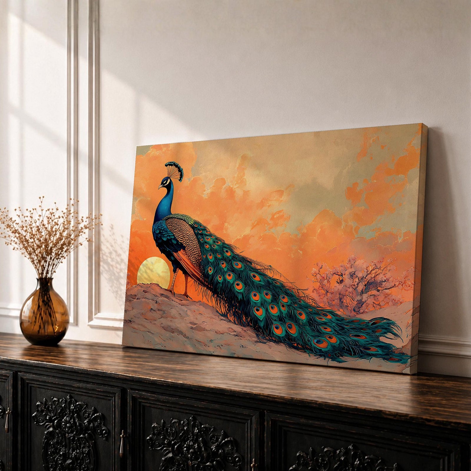 Peacock Wall Art Indian Peafowl Framed Canvas Tropical Bird Exotic Wildlife Nature Decor