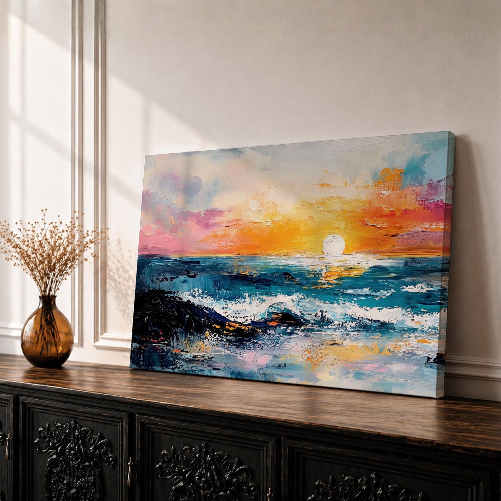 Ocean Sunset Wall Art Beach Seascape Framed Canvas Coastal Landscape Rustic Home Decor