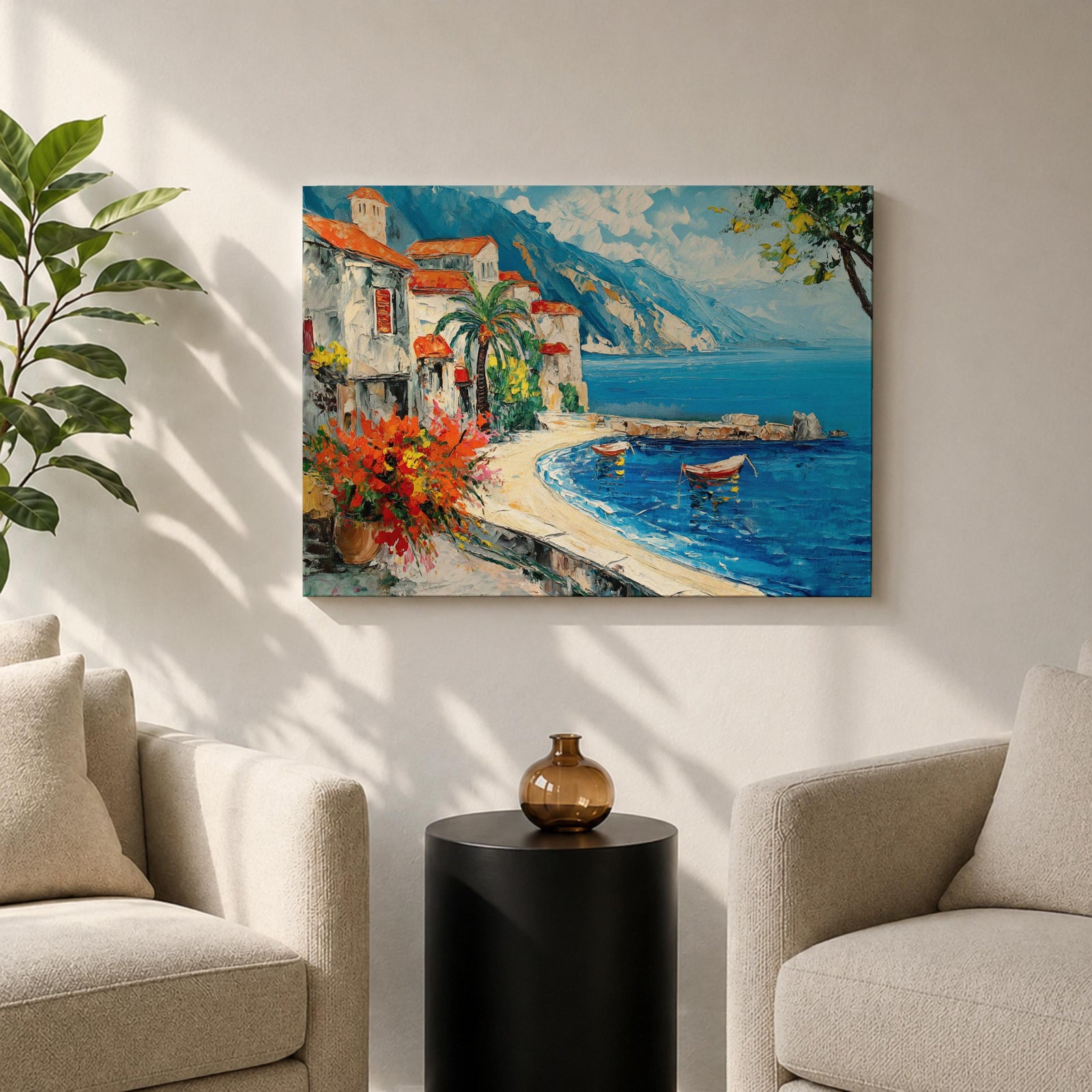 Amalfi Coast Wall Art Positano Italy Framed Canvas Mediterranean Seaside Living Room Decor