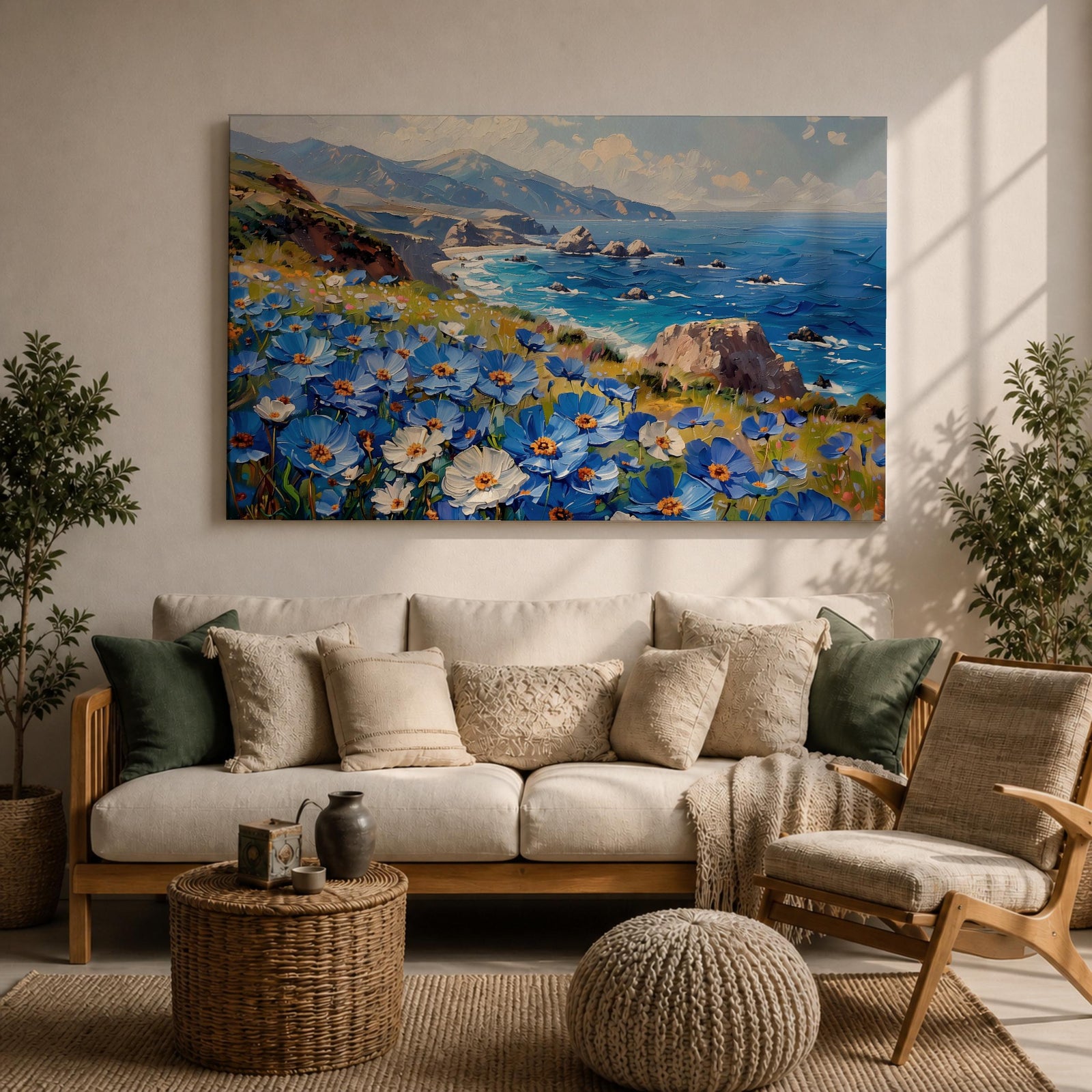 Coastal Wildflower Wall Art Big Sur Framed Canvas Ocean View Impasto Living Room Decor