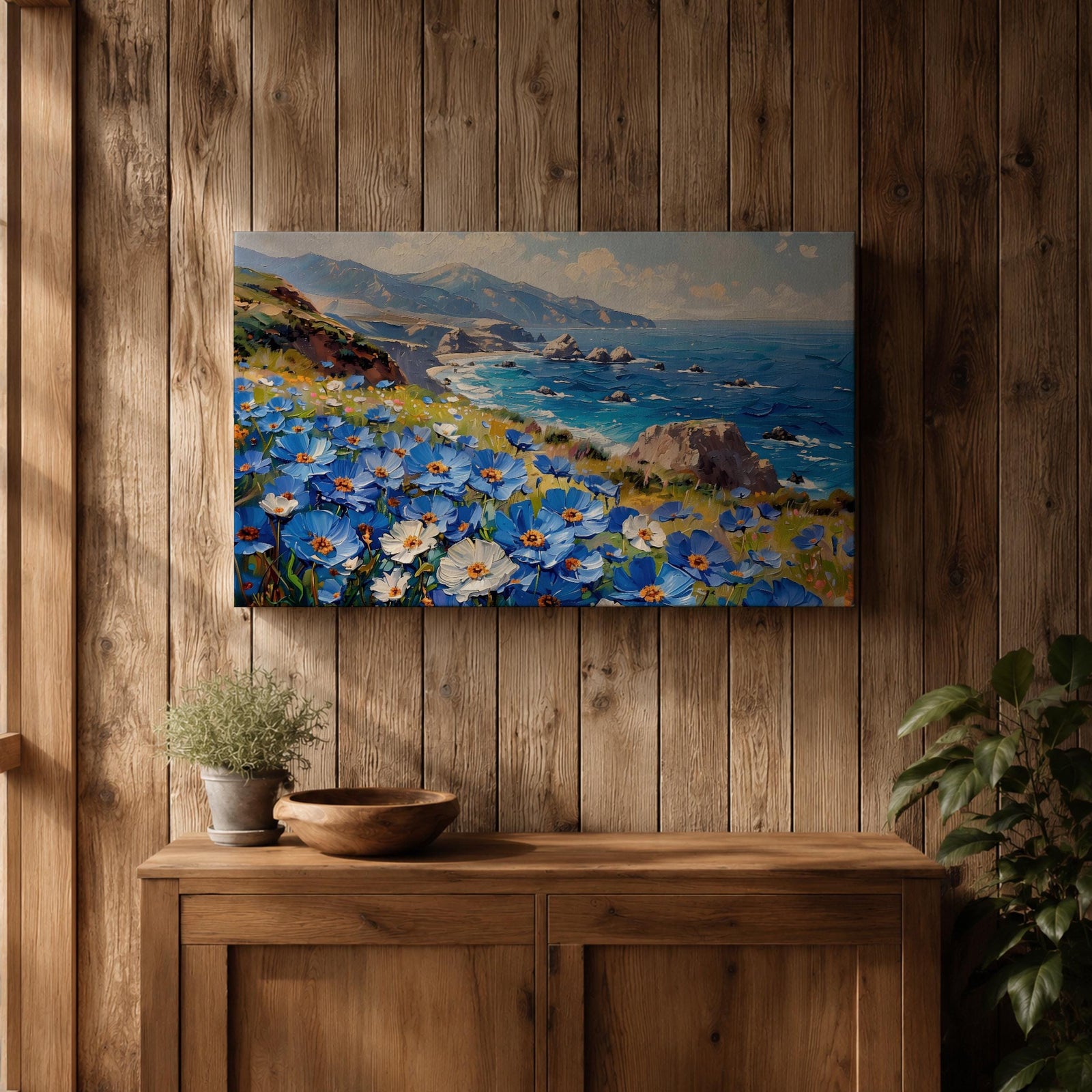 Coastal Wildflower Wall Art Big Sur Framed Canvas Ocean View Impasto Living Room Decor