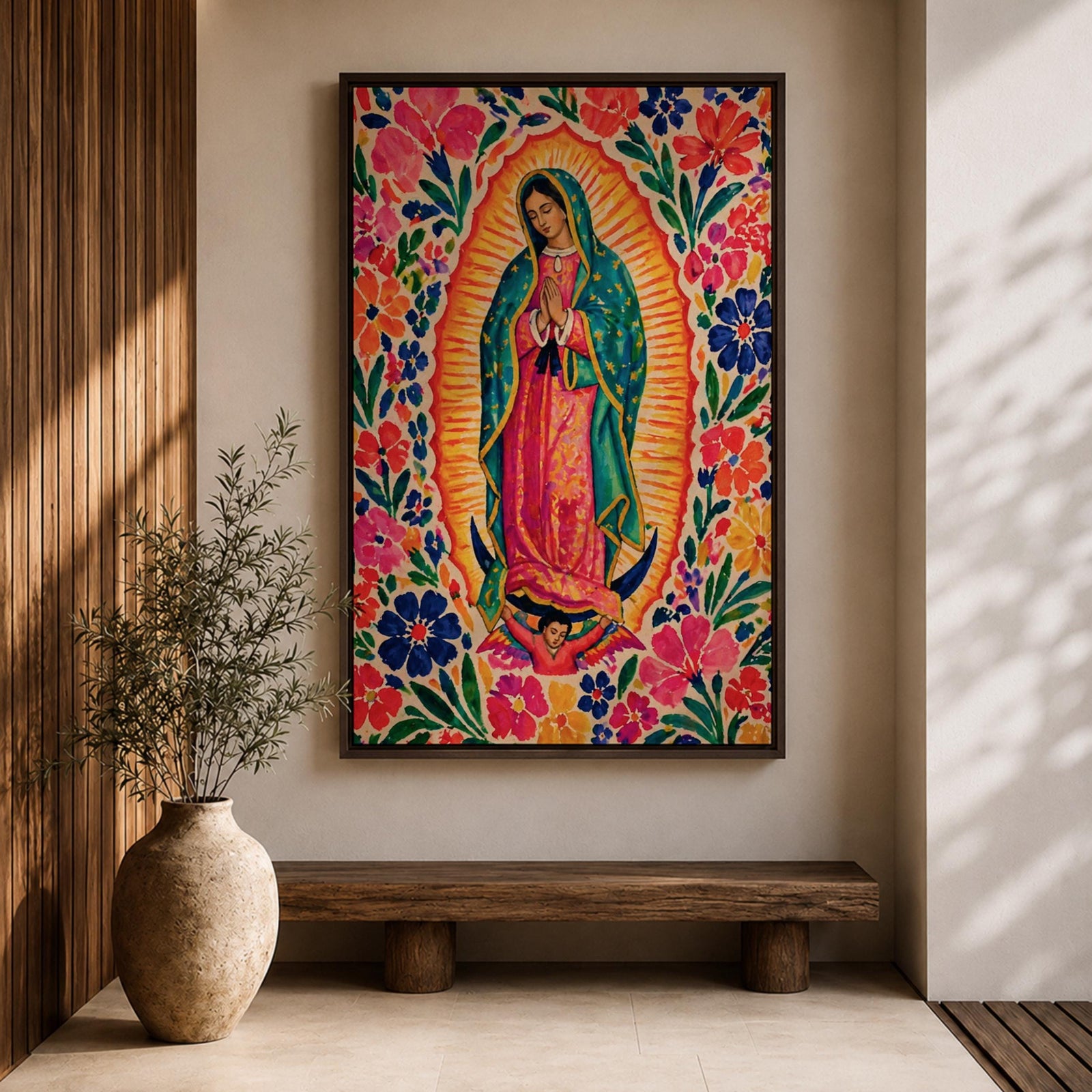 Our Lady of Guadalupe wall art featuring the Virgin Mary in prayer surrounded by vibrant floral folk art patterns and a radiant golden aura. Bright pink, blue, orange, and red blossoms frame this colorful Mexican Catholic artwork, creating a joyful devotional centerpiece for home décor.