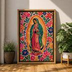 Our Lady of Guadalupe wall art featuring the Virgin Mary in prayer surrounded by vibrant floral folk art patterns and a radiant golden aura. Bright pink, blue, orange, and red blossoms frame this colorful Mexican Catholic artwork, creating a joyful devotional centerpiece for home décor.