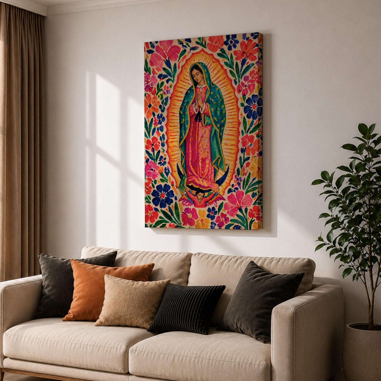 Our Lady of Guadalupe wall art featuring the Virgin Mary in prayer surrounded by vibrant floral folk art patterns and a radiant golden aura. Bright pink, blue, orange, and red blossoms frame this colorful Mexican Catholic artwork, creating a joyful devotional centerpiece for home décor.