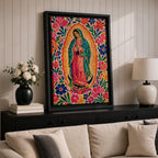 Our Lady of Guadalupe wall art featuring the Virgin Mary in prayer surrounded by vibrant floral folk art patterns and a radiant golden aura. Bright pink, blue, orange, and red blossoms frame this colorful Mexican Catholic artwork, creating a joyful devotional centerpiece for home décor.