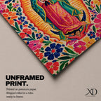 Our Lady of Guadalupe wall art featuring the Virgin Mary in prayer surrounded by vibrant floral folk art patterns and a radiant golden aura. Bright pink, blue, orange, and red blossoms frame this colorful Mexican Catholic artwork, creating a joyful devotional centerpiece for home décor.