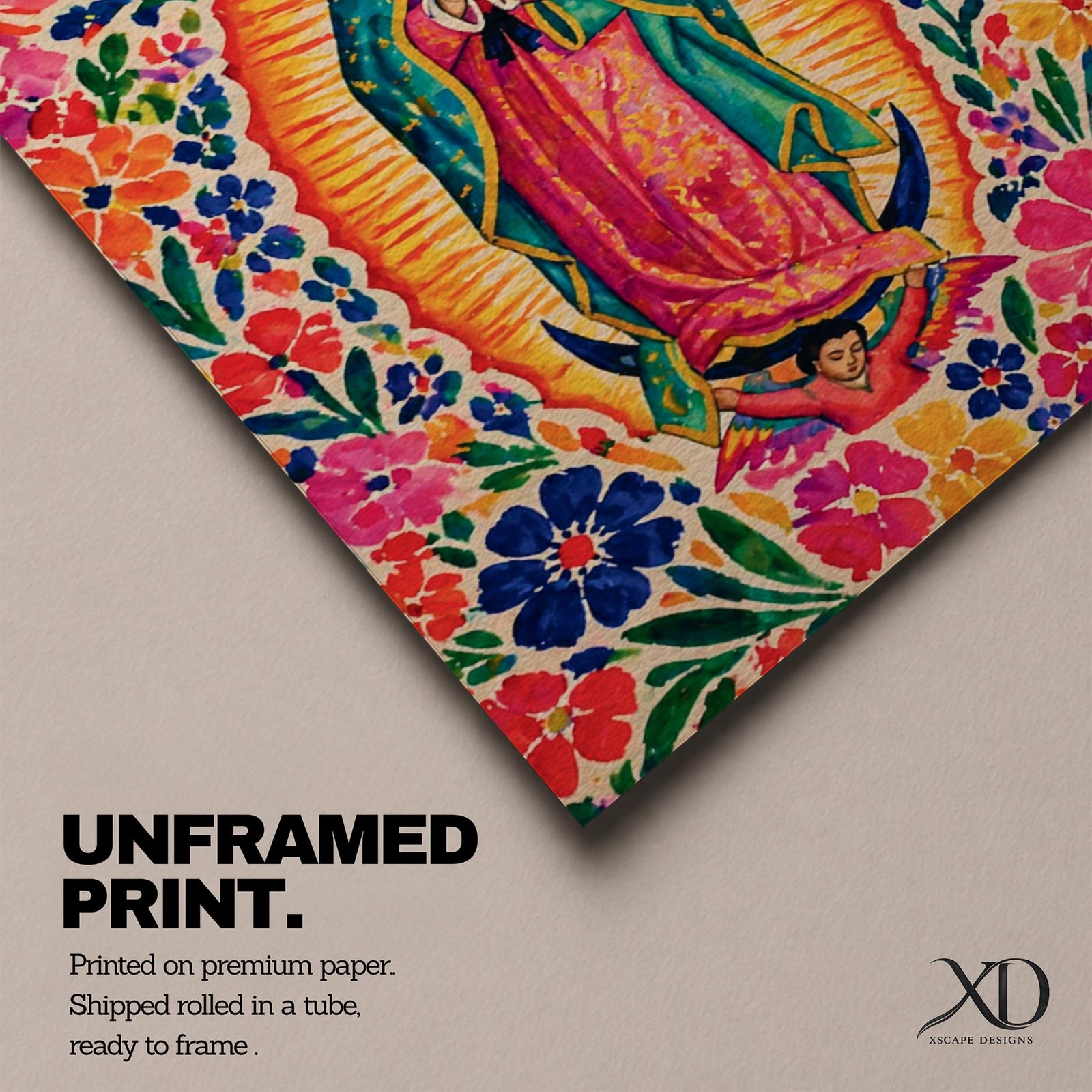 Our Lady of Guadalupe wall art featuring the Virgin Mary in prayer surrounded by vibrant floral folk art patterns and a radiant golden aura. Bright pink, blue, orange, and red blossoms frame this colorful Mexican Catholic artwork, creating a joyful devotional centerpiece for home décor.