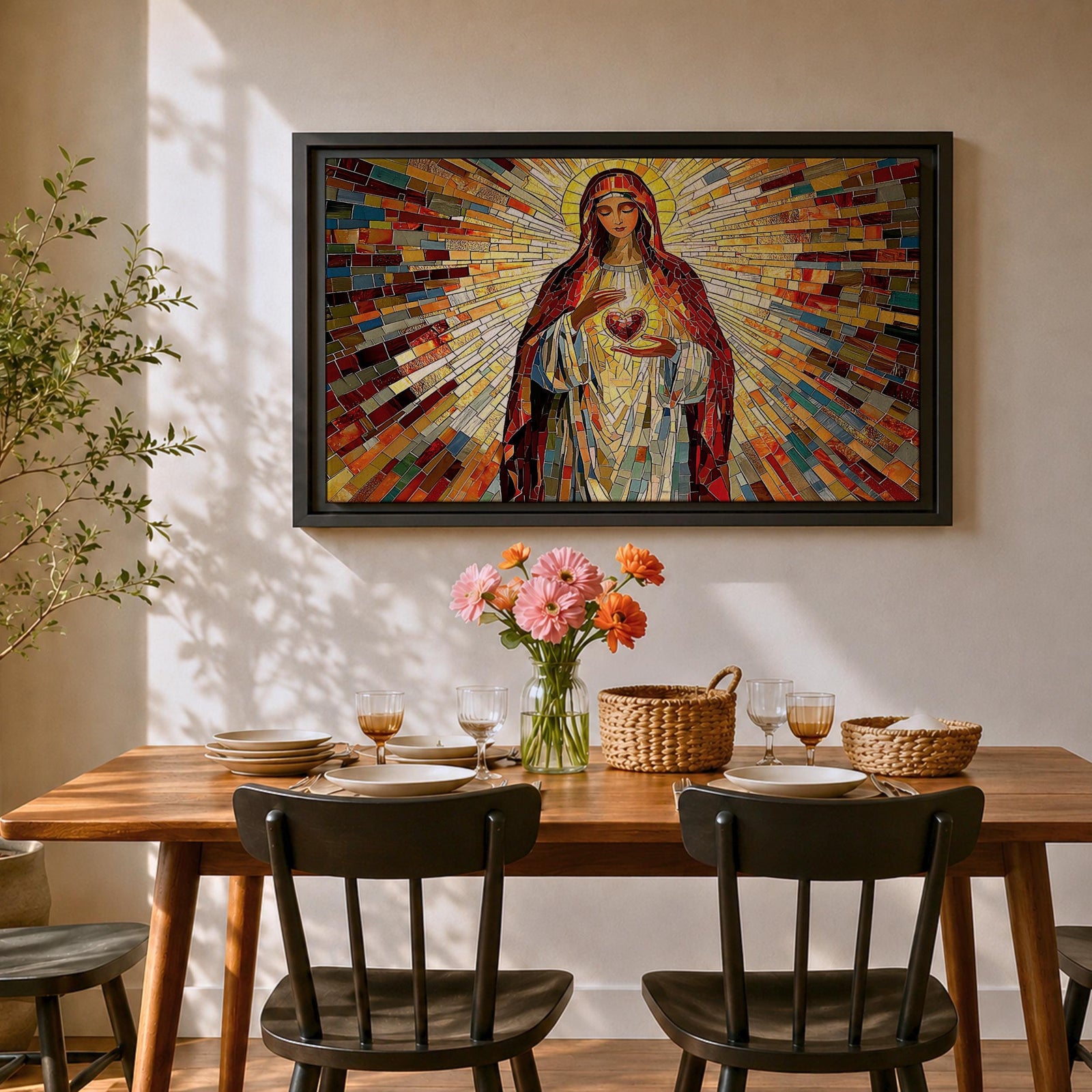 Immaculate Heart of Mary Wall Art Blessed Mother Framed Canvas Stained Glass Catholic Decor