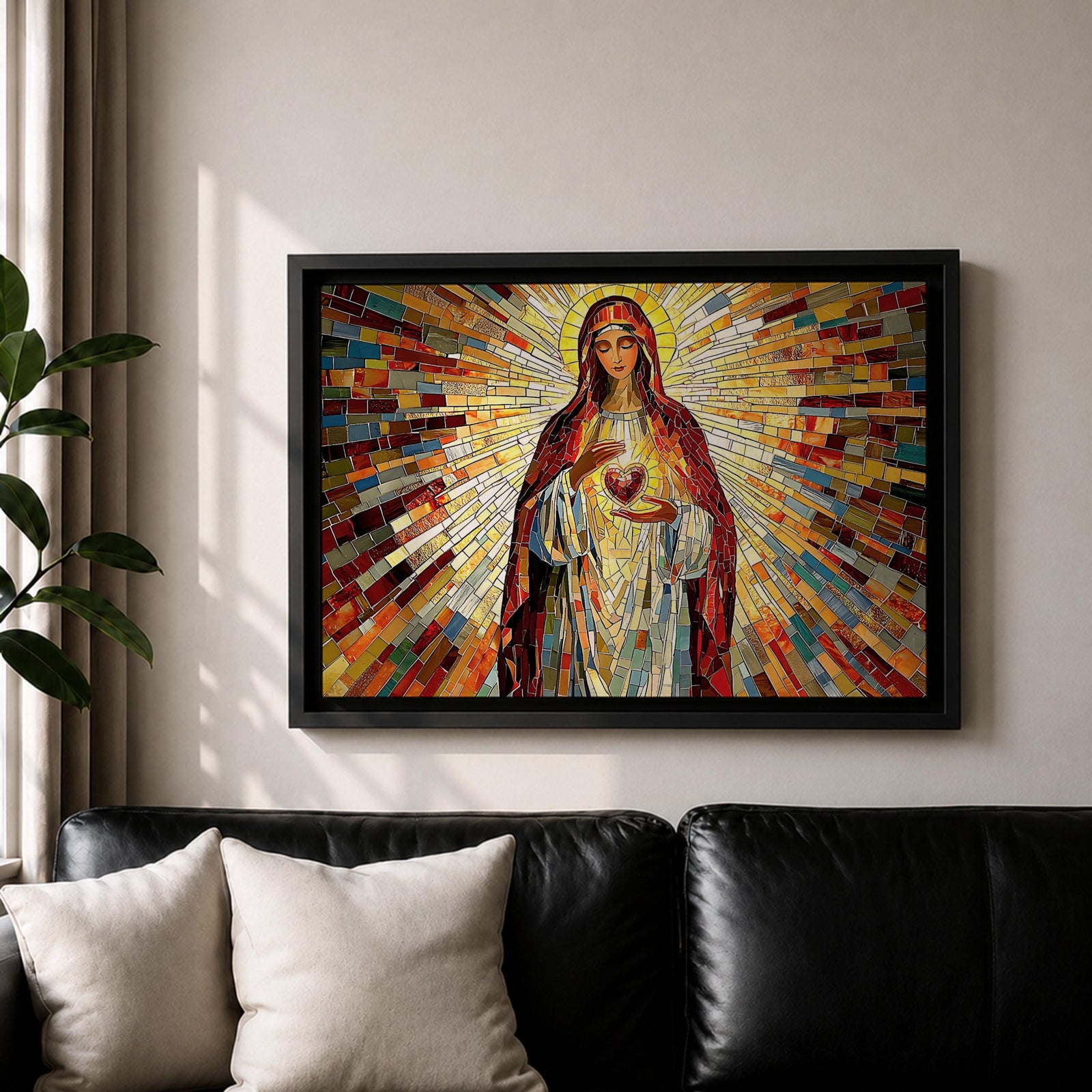 Immaculate Heart of Mary Wall Art Blessed Mother Framed Canvas Stained Glass Catholic Decor