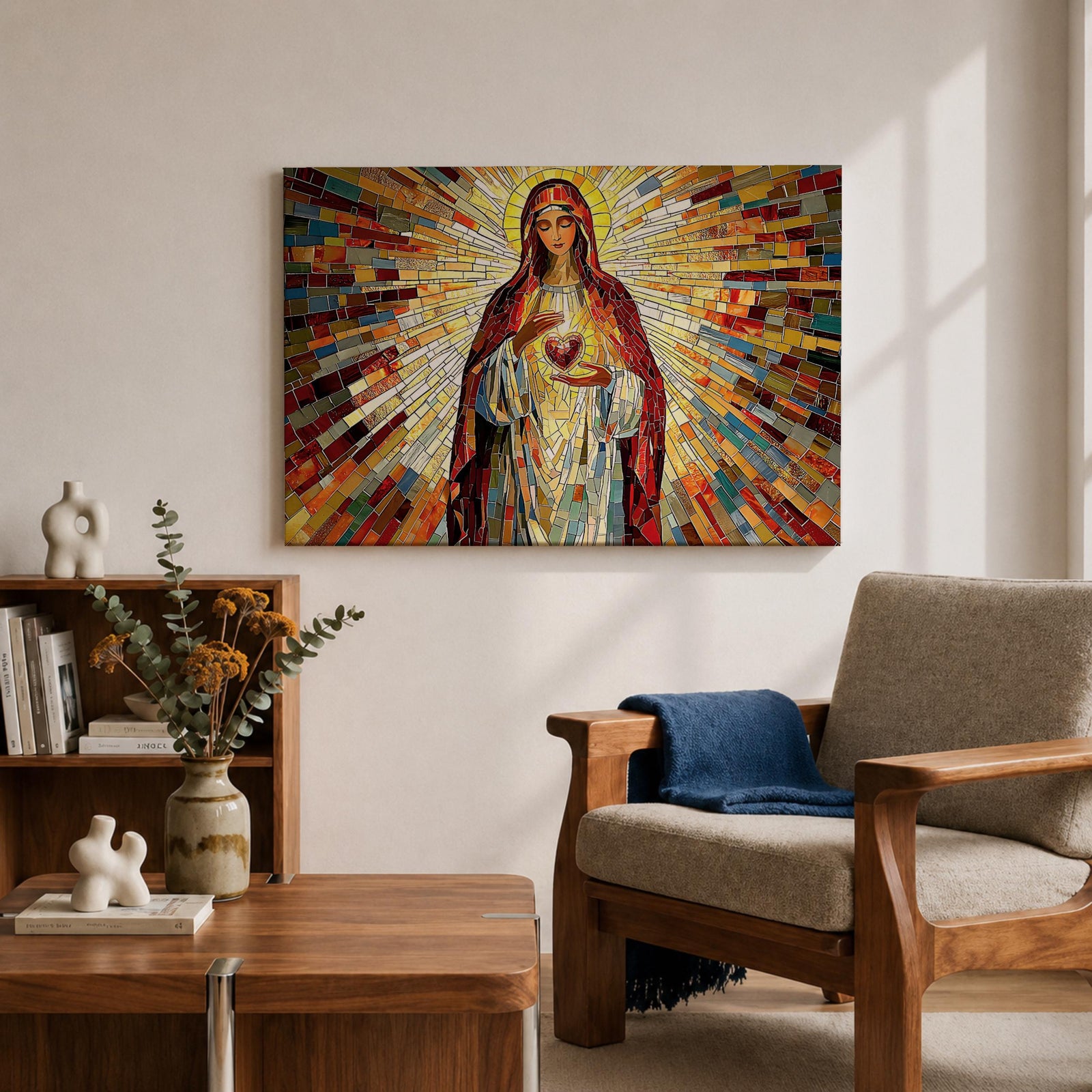 Immaculate Heart of Mary Wall Art Blessed Mother Framed Canvas Stained Glass Catholic Decor