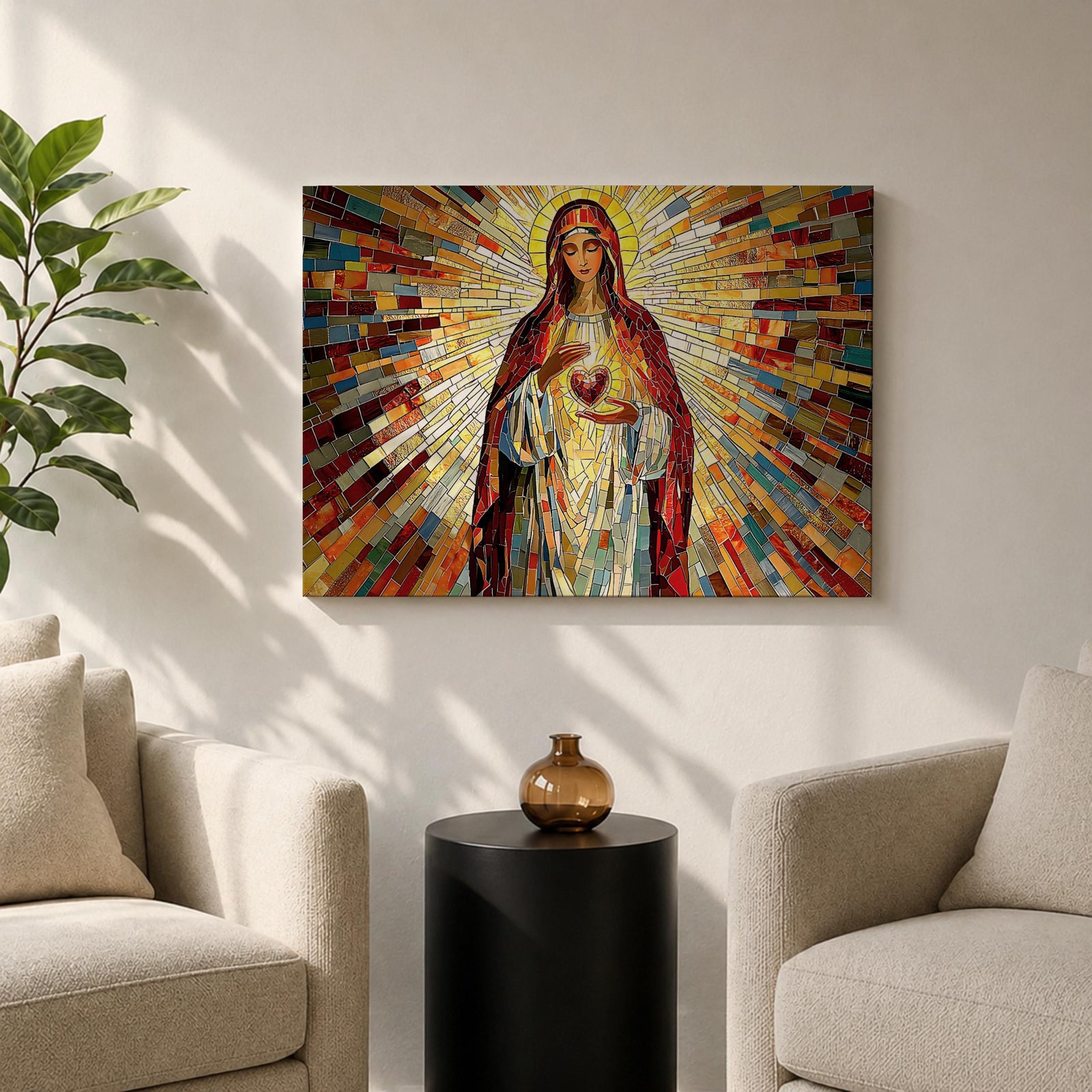 Immaculate Heart of Mary Wall Art Blessed Mother Framed Canvas Stained Glass Catholic Decor