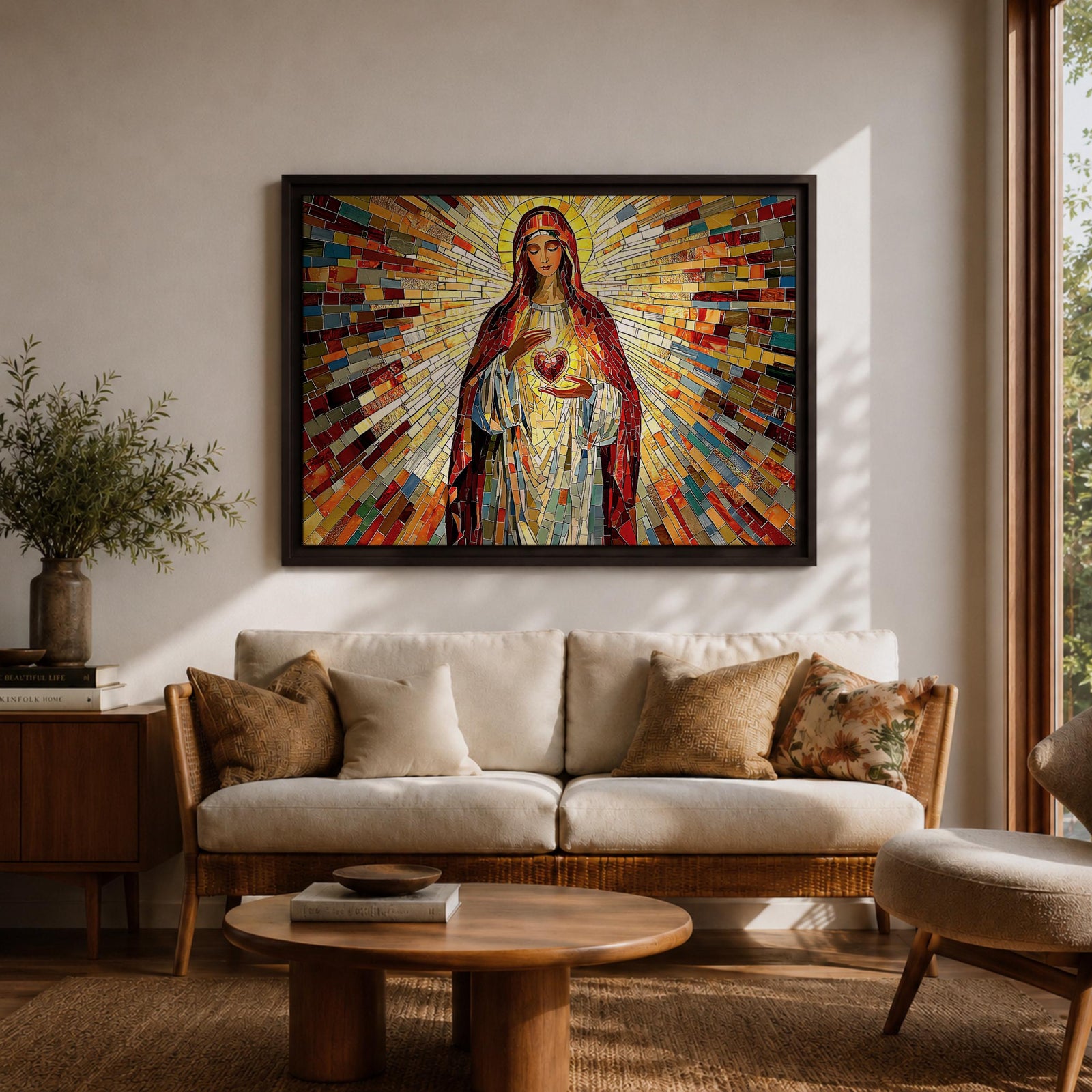 Immaculate Heart of Mary Wall Art Blessed Mother Framed Canvas Stained Glass Catholic Decor